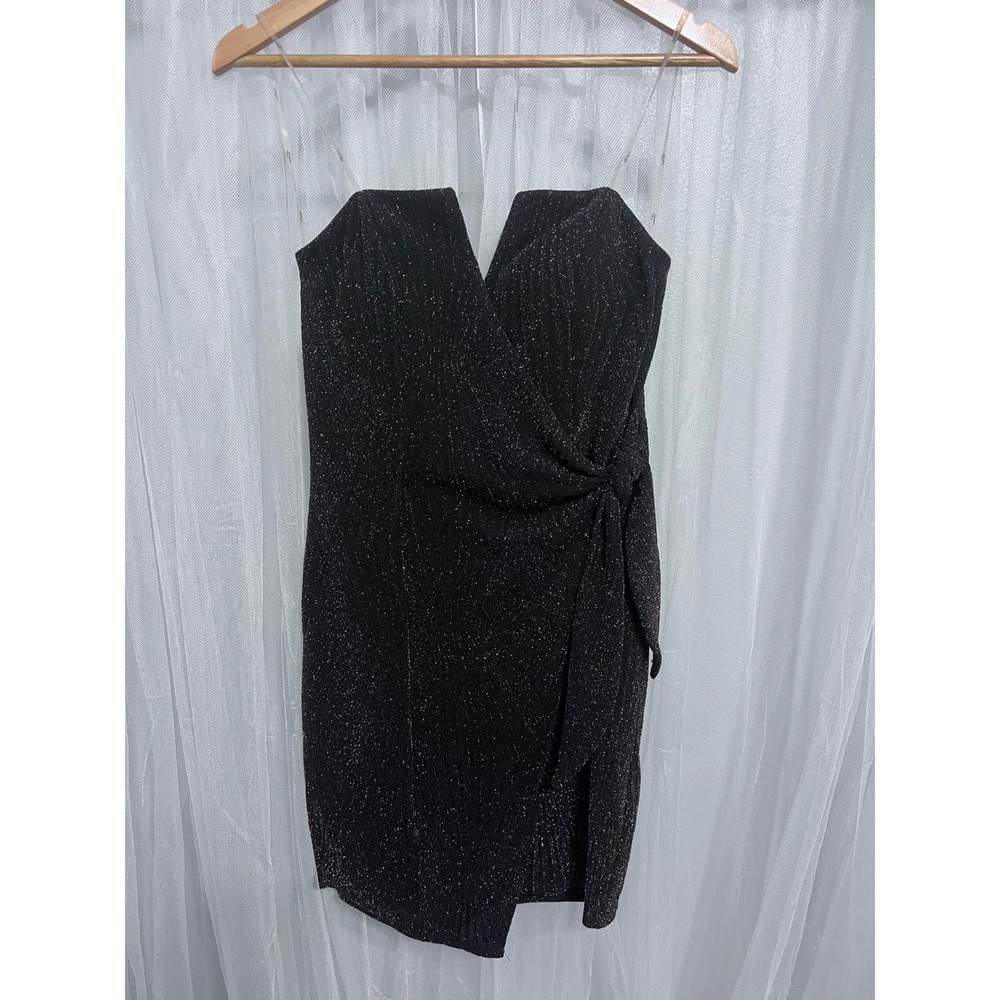TRIXXI Black Sparkle V Neck Strapless Knot Front Bodycon Mini Dress Women's M
